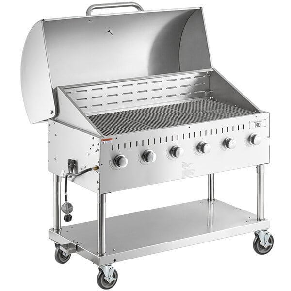 A stainless steel Backyard Pro outdoor grill with wheels.