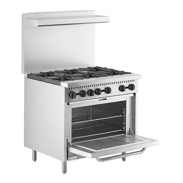 A Main Street Equipment stainless steel commercial gas range with 6 burners and a standard oven.