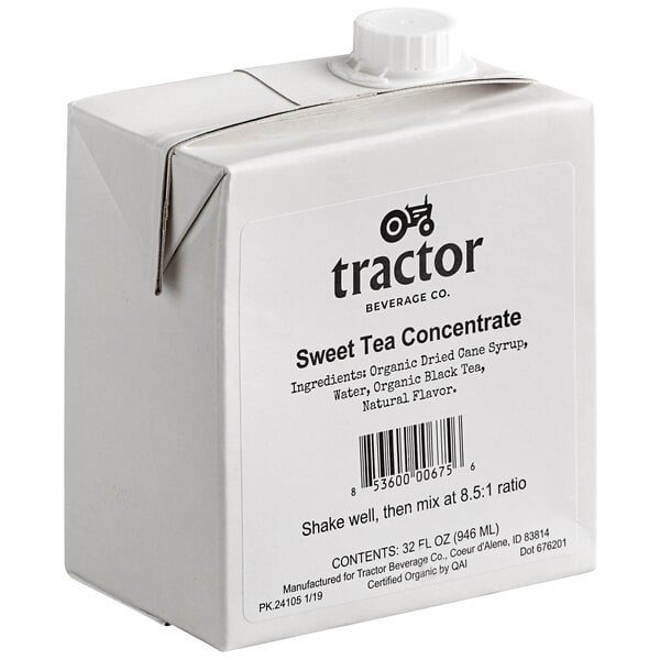 A white carton of Tractor Beverage Co. Organic Sweet Tea Concentrate.