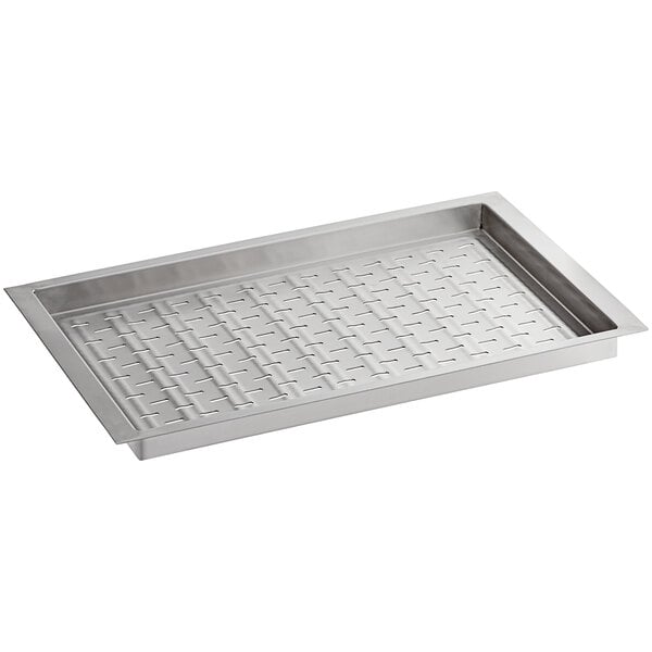A silver stainless steel tray with a grid pattern and holes.