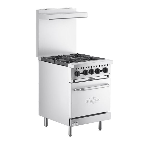 A Main Street Equipment stainless steel gas range with four burners and black knobs, with the oven door open.