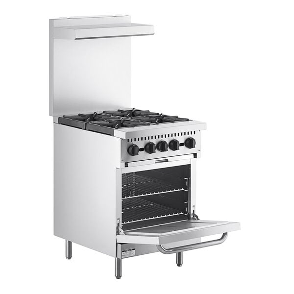 A Main Street Equipment stainless steel 4 burner range with a space saver oven door open.