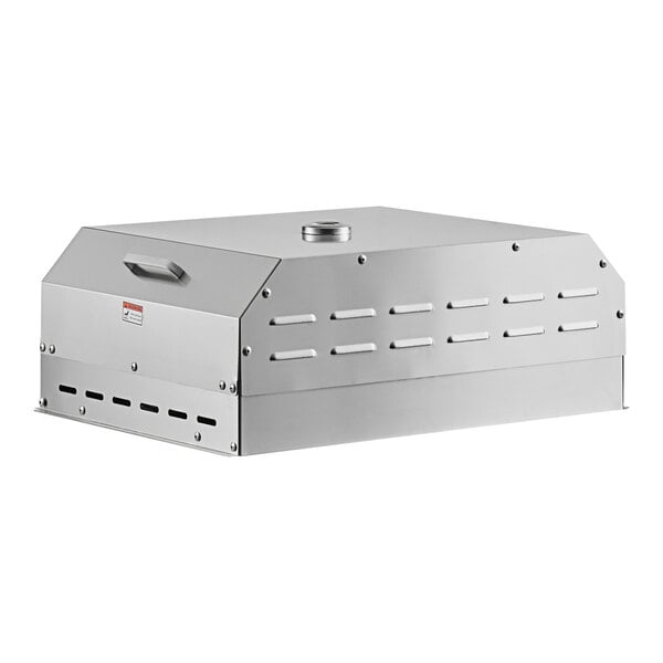 A silver rectangular stainless steel box with a lid.