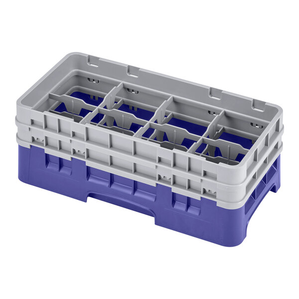 A navy blue plastic rack with eight compartments and two extenders.