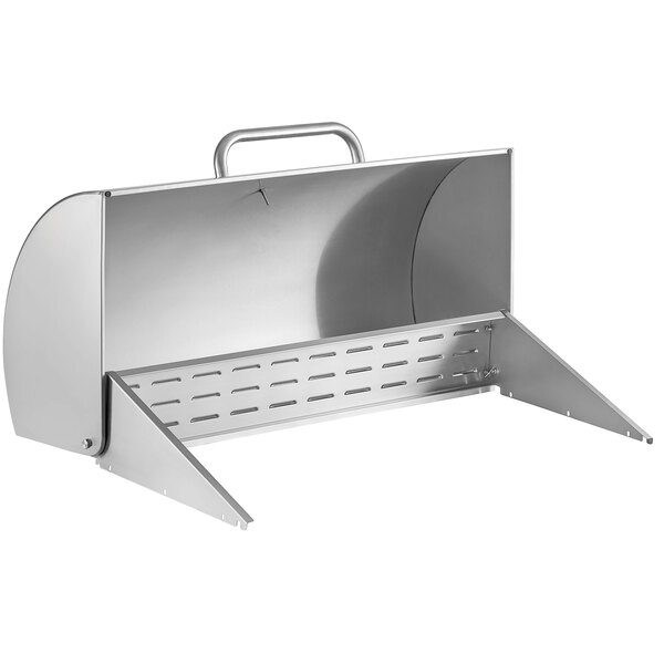 A silver metal box with a handle.