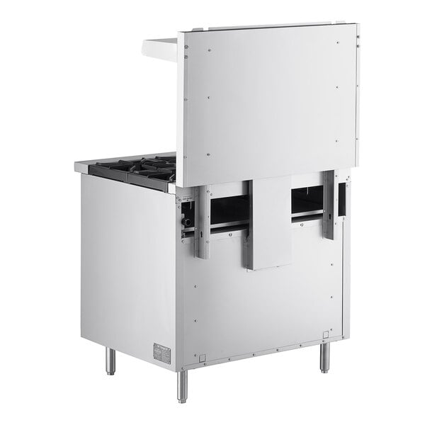 A MainStreet Equipment stainless steel commercial gas range with an open oven door.