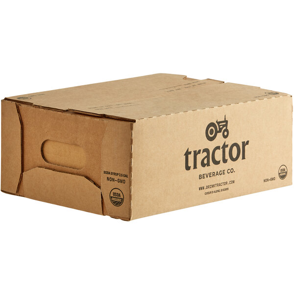 A brown cardboard box with the Tractor Beverage Co. logo.