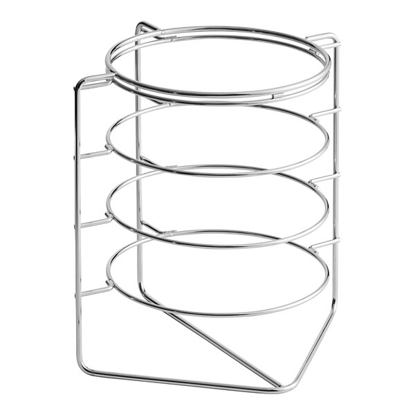 A chrome plated metal carrier with circular rings on a counter.
