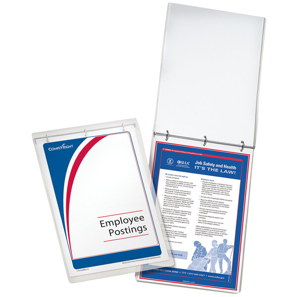 A white ComplyRight labor law binder with a document inside.