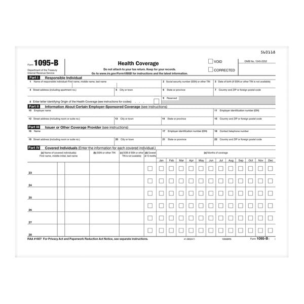 The white ComplyRight 1095-B IRS health coverage tax form with numbers in squares.