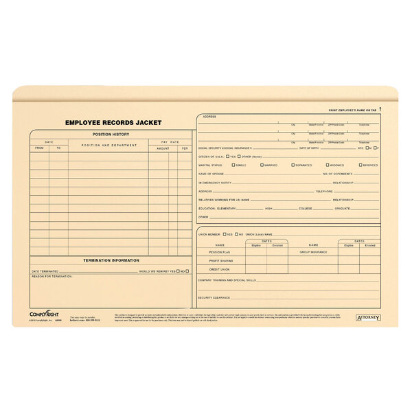 A ComplyRight legal size file jacket for employee records with a number of records inside.