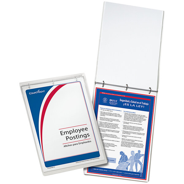 A white ComplyRight binder with Spanish documents and a booklet inside.