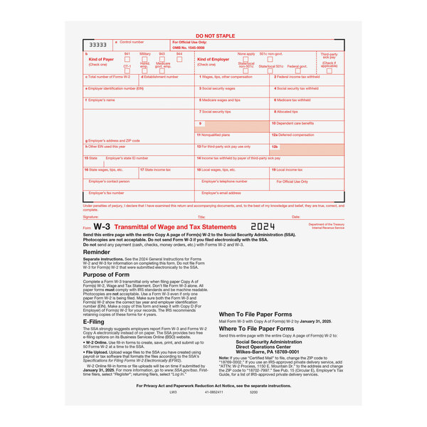 A close-up of a ComplyRight Transmittal W-3 Tax Form.