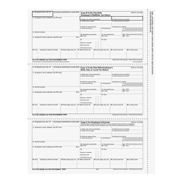 A sheet of ComplyRight 3-Up W-Style Employee Copies B, C, and 2 of W-2 tax forms.