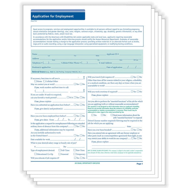 A stack of ComplyRight long-form job application papers with blue and white text.