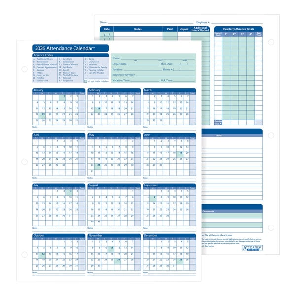 A pack of 2026 attendance calendar cards with monthly grids and tracking sections for employee attendance.