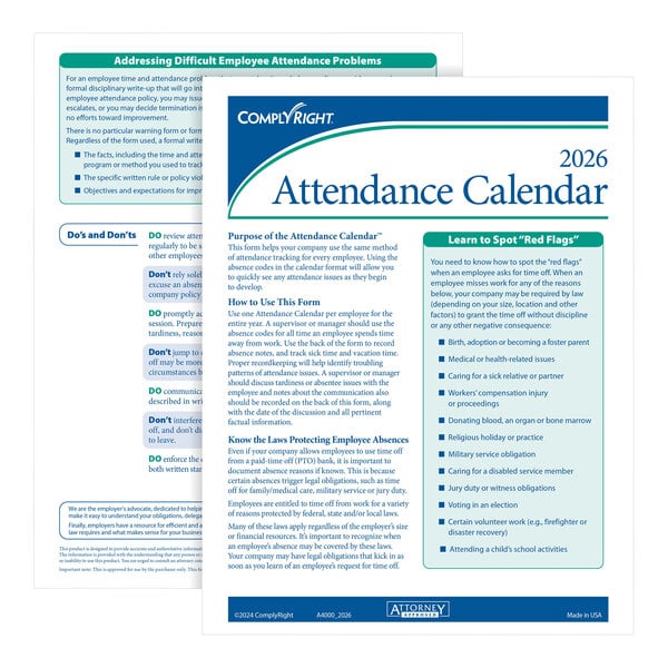 A pack of ComplyRight white 2026 attendance calendar cards for employee attendance tracking.