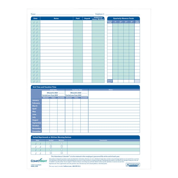 A white ComplyRight 2026 attendance calendar card with sections for tracking employee absences, sick time, vacation time, and warnings.