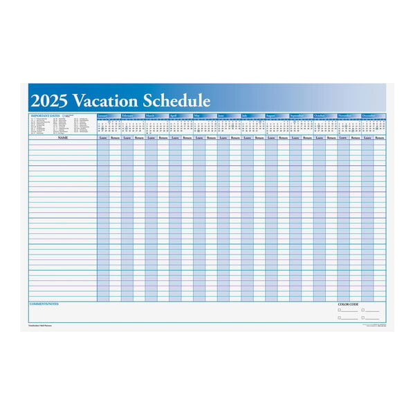 A blue and white 2025 vacation schedule from ComplyRight.