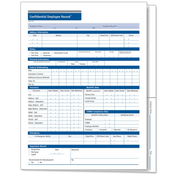 A white ComplyRight employee record folder with blue and white text on it.