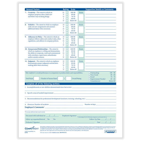 A blue and white box of white ComplyRight Performance Appraisal Sheets.