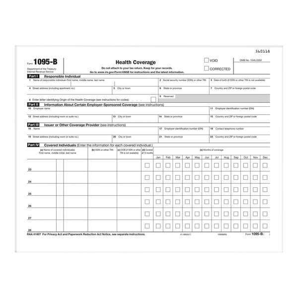 A ComplyRight 1095-B IRS health coverage tax form with many squares.