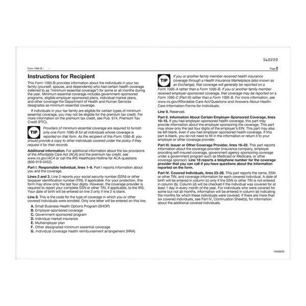 The ComplyRight 1095-B IRS Copy of Health Coverage form instructions for recipient.