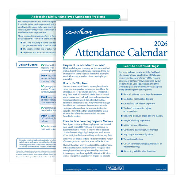 A pack of ComplyRight white 2026 attendance calendar cards.