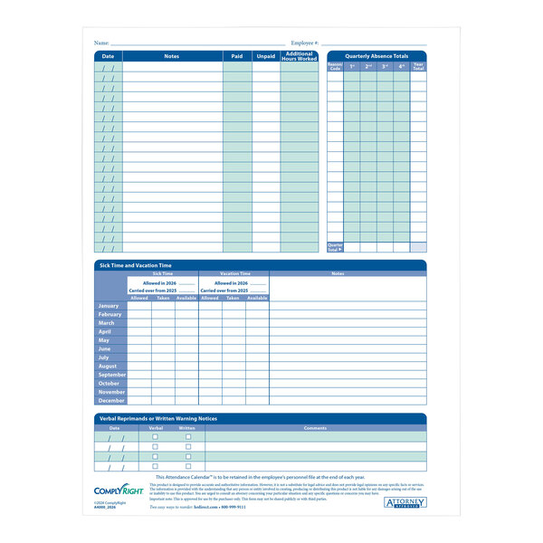 A white ComplyRight 2026 attendance calendar card with blue sections for tracking employee attendance, sick time, vacation time, and warnings.