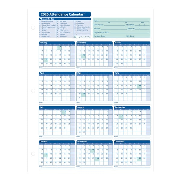 A white 2026 attendance calendar card with monthly grids and sections for employee information and absence codes.