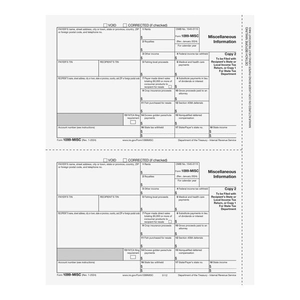 ComplyRight 1099 2-Up Payer Copy of Miscellaneous Income Tax Forms with white background.