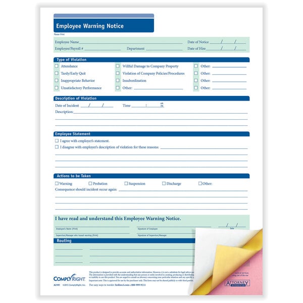 A ComplyRight employee warning notice document with a blue and white border.