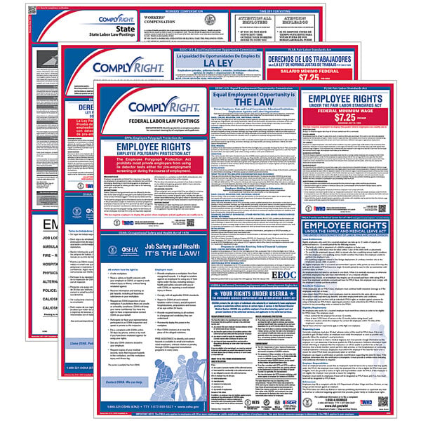 A set of ComplyRight labor law posters with English and Spanish text.