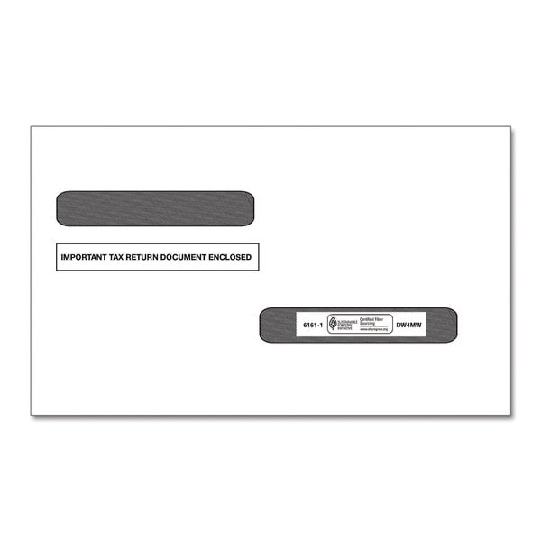 A white ComplyRight W-2 double window envelope with black labels.