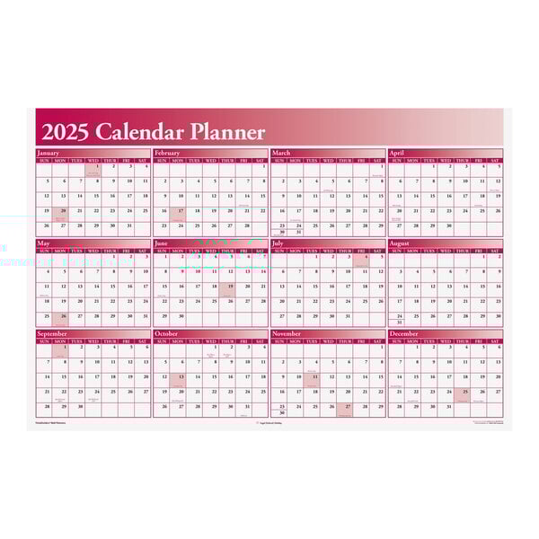 A burgundy and white calendar planner for 2025 with red numbers and squares.