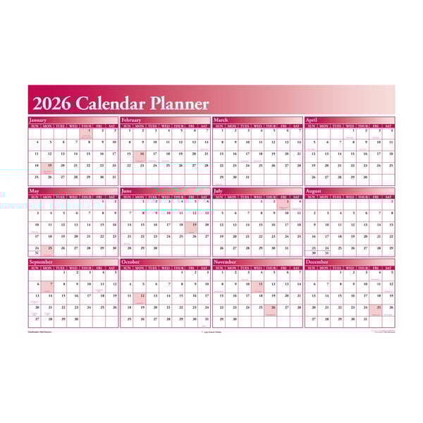 A large burgundy 2026 full-year calendar planner with all months displayed in a grid format.
