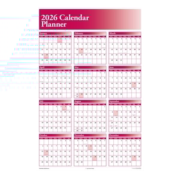 A large burgundy 2026 full-year calendar planner with all months displayed in a grid format.