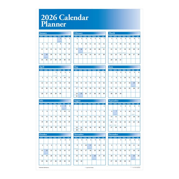 A large blue and white 2026 wall calendar planner displaying all twelve months.