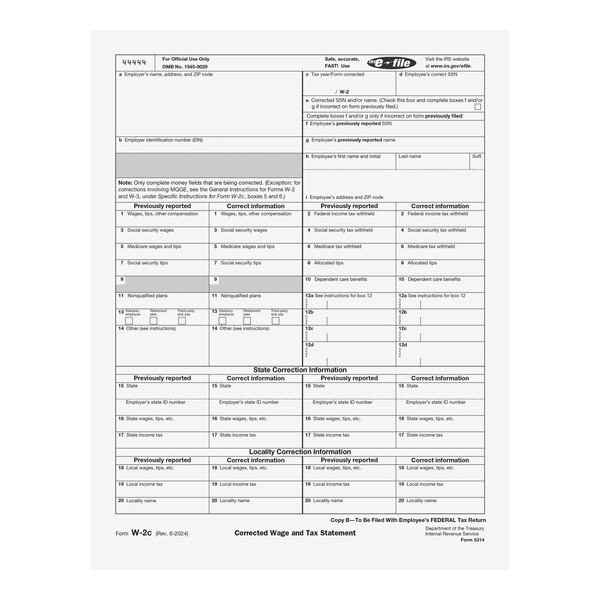 A ComplyRight Employee Copy B 1-Part W-2C Tax Form on white background.