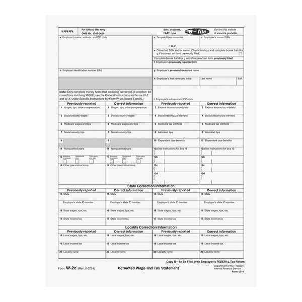 A pack of ComplyRight Employee Copy B 1-Part W-2C corrected wage and tax statement forms, 50 per pack.