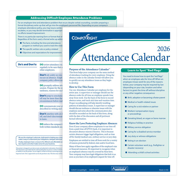 A 2026 ComplyRight white attendance tracking calendar kit for employee attendance management.