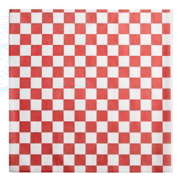 A square sheet of red and white checkered deli sandwich wrap paper.