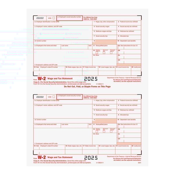 A sheet of ComplyRight 2-Up Federal Copy A W-2 tax forms for the year 2025, featuring two red-printed forms per page.