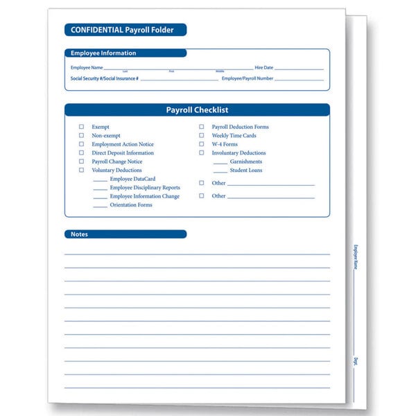 A white paper ComplyRight payroll folder with a blue and white checklist.