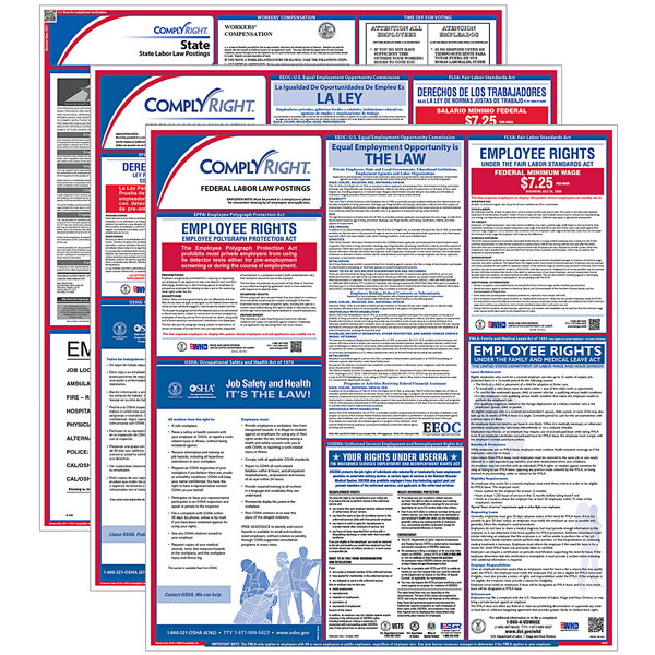 A set of ComplyRight labor law posters with text in English and Spanish.