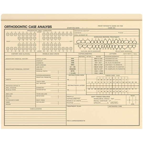 A close-up of a ComplyRight Orthodontic Case Analysis Envelo-File.