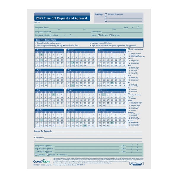 A blue and white ComplyRight calendar for 2025 with numbers and months.