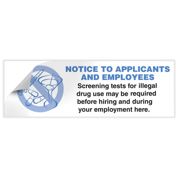 A close-up of a ComplyRight Drug-Free Workplace sticker with blue and white text.