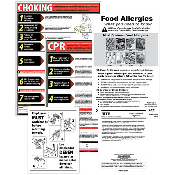 A close-up of a ComplyRight Alaska Restaurant Poster Kit with several different informational posters.