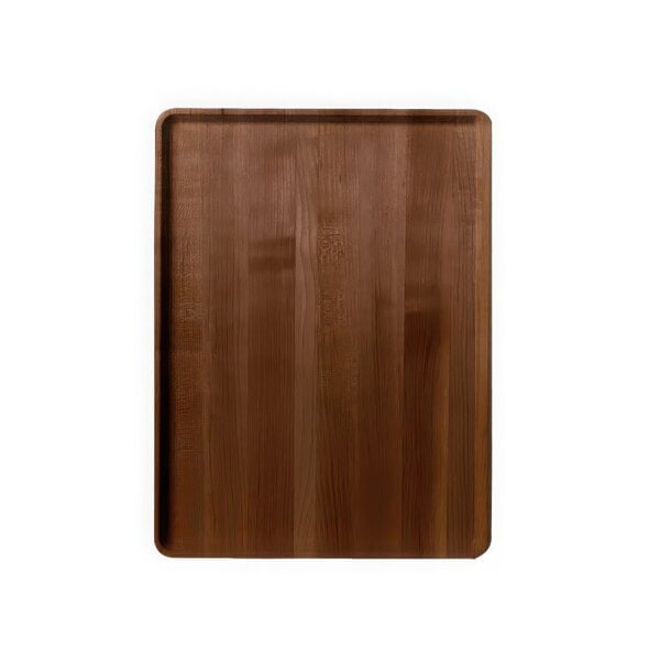 A Cambro Java Teak faux-wood tray on a table.